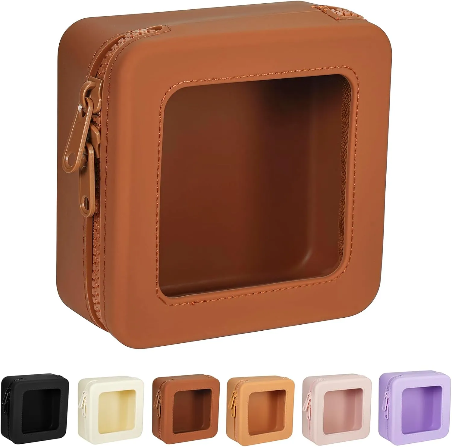 JOVAKIT Clear Makeup Bag Square Portable Silicone Travel Cosmetic Bag for Women, Transparent Toiletry Bags, Gifts for Women Make Up Pouch Car Organizer Case with Zippers for Essentials (Brown)