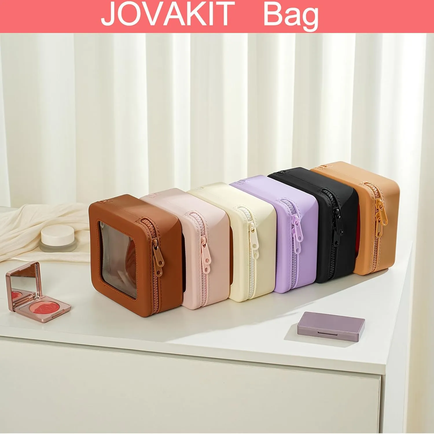 JOVAKIT Clear Makeup Bag Square Portable Silicone Travel Cosmetic Bag for Women, Transparent Toiletry Bags, Gifts for Women Make Up Pouch Car Organizer Case with Zippers for Essentials (Brown)