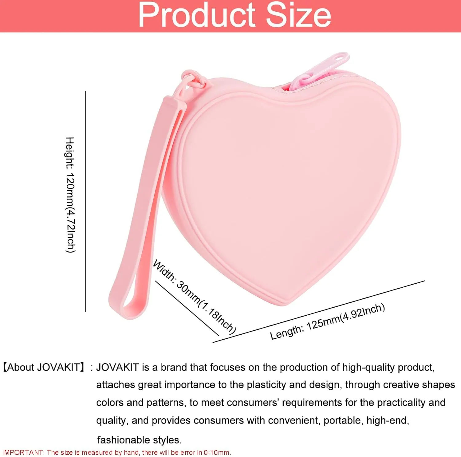 JOVAKIT Small Heart Shaped Portable Silicone Makeup Bag for Women, Travel Waterproof Cosmetic Bag Gifts for Women Girls, Zipper Closure Makeup Case with Handle (Pink)