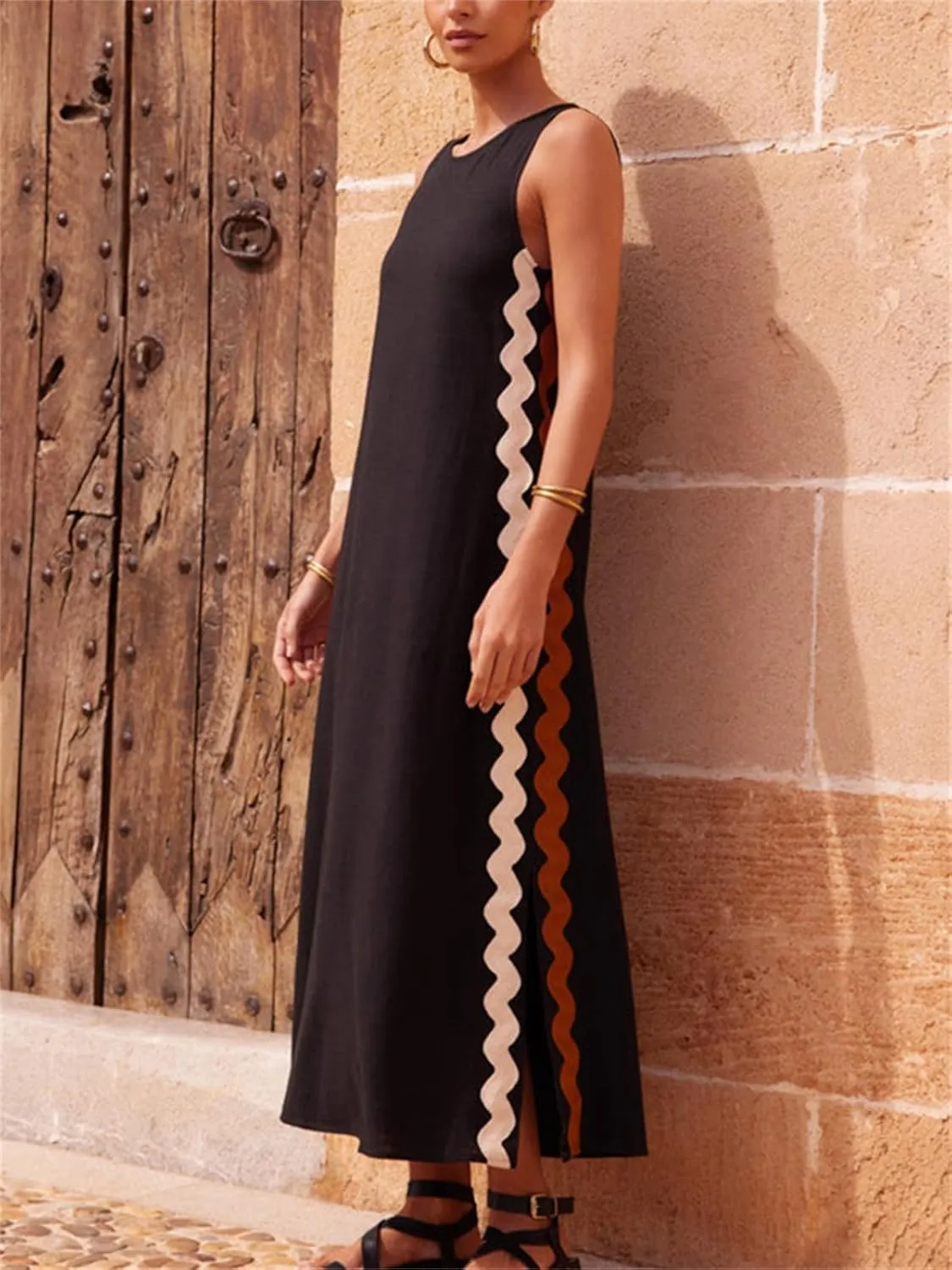 KEOMUD Women Sundress Sleeveless Maxi Dress Summer Crewneck Split Long Beach Dress 2024