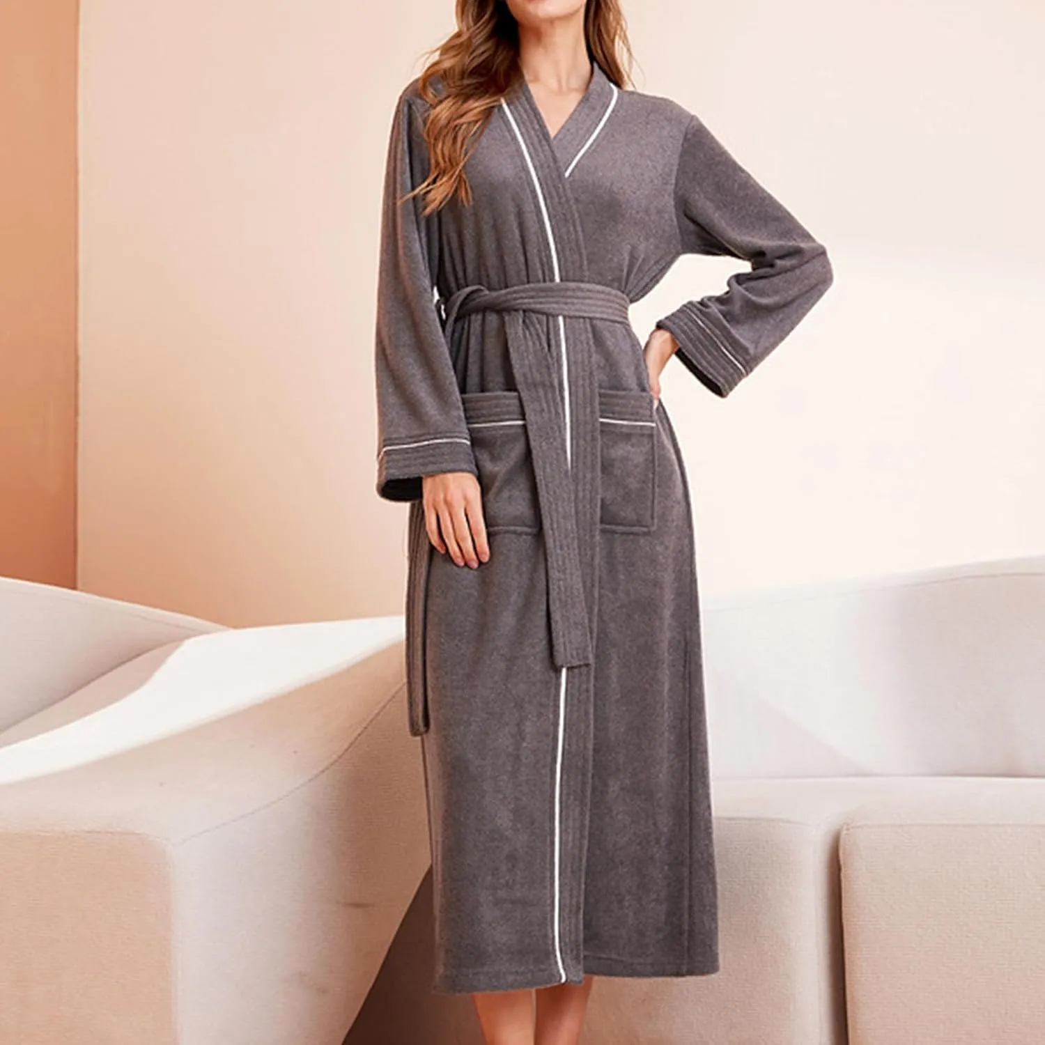 Kimono Robes for Men Women Long Robe Lightweight Comfy Spa Bathrobe Sleepwear Long Sleeve Loungewear with Pockets