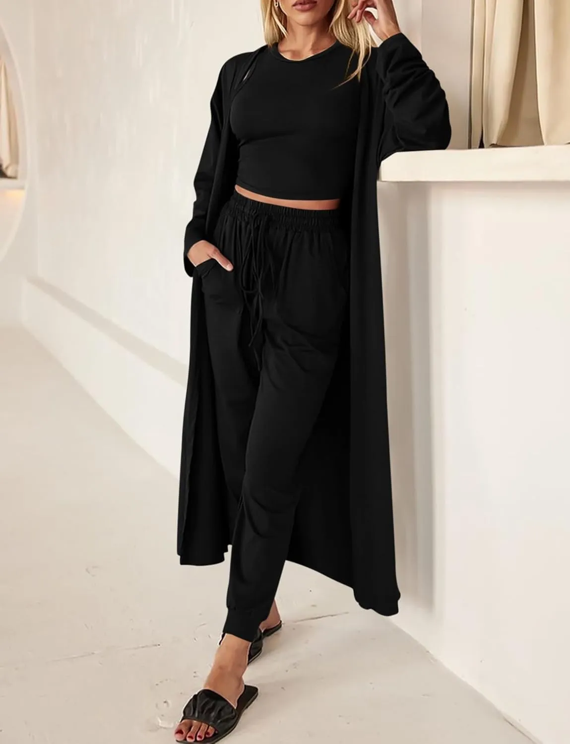 KIRUNDO Women Spring 3 Piece Outfits Casual Fall Long Sleeve Long Cardigan Sleeveless Crop Top Drawstring Pants Lounge Sets