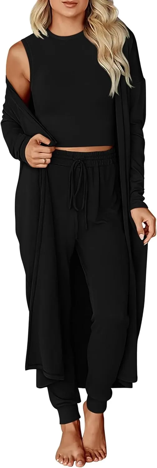KIRUNDO Women Spring 3 Piece Outfits Casual Fall Long Sleeve Long Cardigan Sleeveless Crop Top Drawstring Pants Lounge Sets