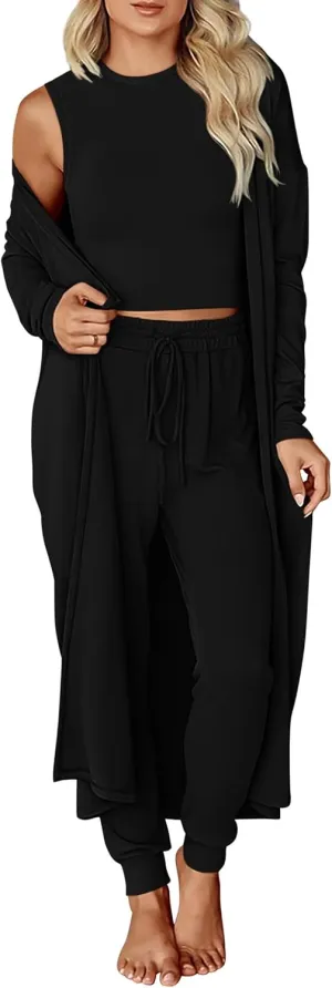 KIRUNDO Women Spring 3 Piece Outfits Casual Fall Long Sleeve Long Cardigan Sleeveless Crop Top Drawstring Pants Lounge Sets