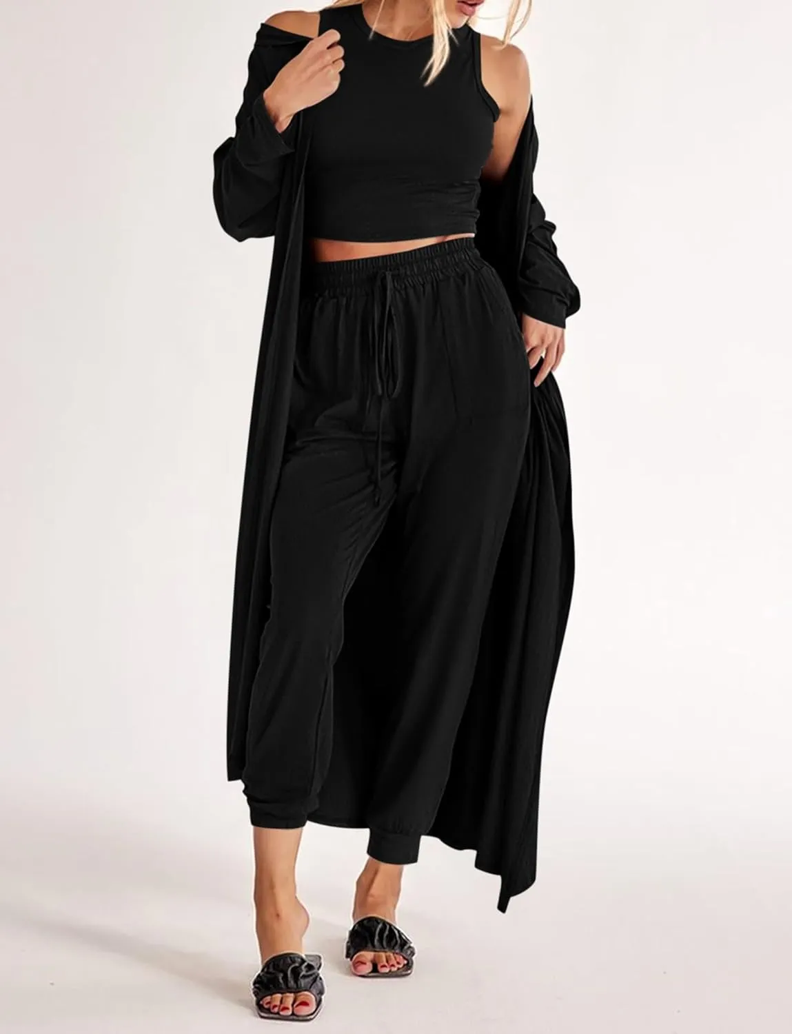 KIRUNDO Women Spring 3 Piece Outfits Casual Fall Long Sleeve Long Cardigan Sleeveless Crop Top Drawstring Pants Lounge Sets