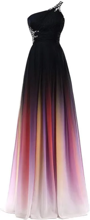 Kivary Sheer Beaded Halter Gradient Ombre Chiffon Long Prom Evening Dresses