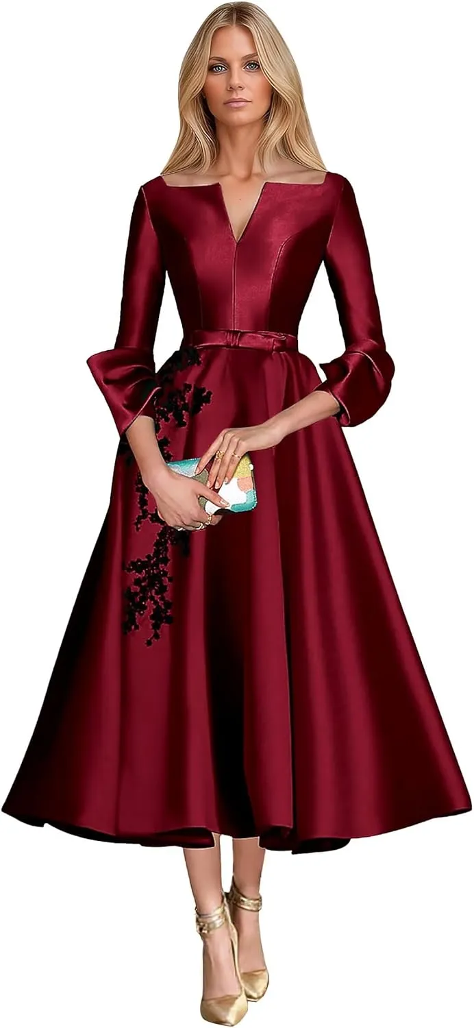 Lace Appliques A-Line Mother of The Bridesmaid Dresses 3/4 Sleeves Slit V-Neck Prom Wedding Party Gowns with Pockets DR0722