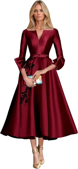 Lace Appliques A-Line Mother of The Bridesmaid Dresses 3/4 Sleeves Slit V-Neck Prom Wedding Party Gowns with Pockets DR0722