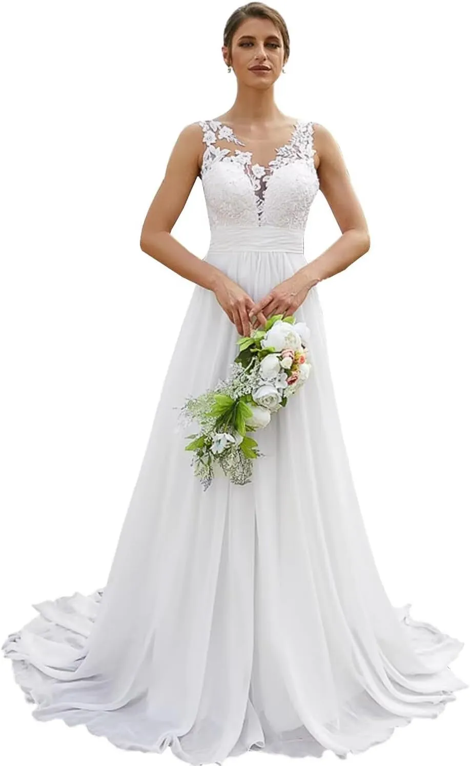 Lace Tulle Wedding Dresses for Bride 2025 Chiffon Long A-Line V-Neck Beach Wedding Bridal Gowns for Women