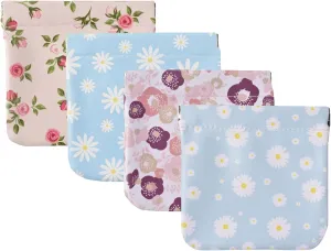 Lambskin Pocket Cosmetic Bag 4PCS, Squeeze Top Portable Small Makeup Pouch for Women No Zipper Self-Closing Coin Purse for Lipstick Organizer Jewelry Storage Pouch(Floral Pattern)