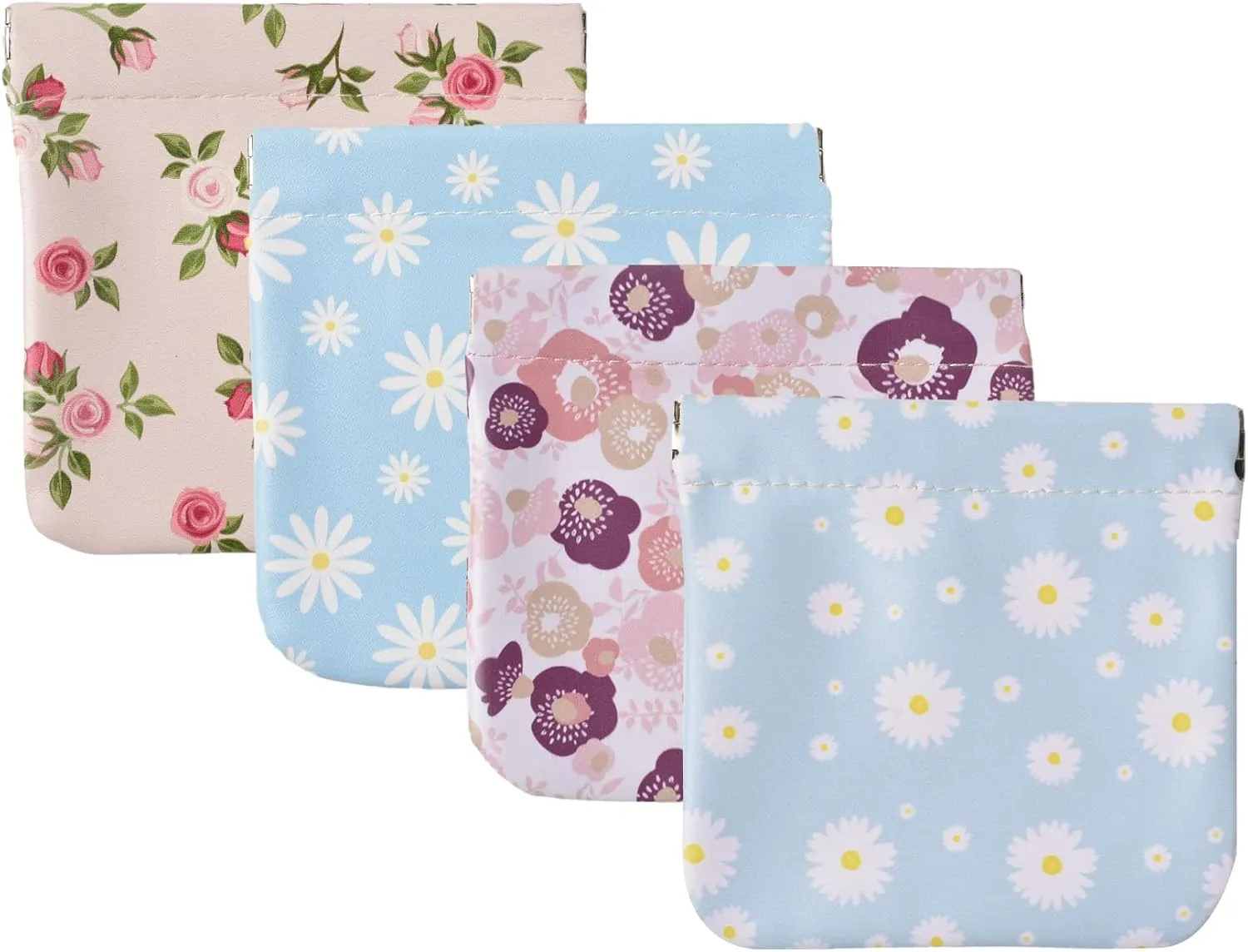 Lambskin Pocket Cosmetic Bag 4PCS, Squeeze Top Portable Small Makeup Pouch for Women No Zipper Self-Closing Coin Purse for Lipstick Organizer Jewelry Storage Pouch(Floral Pattern)