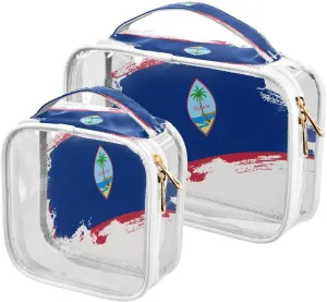 Large Clear Travel Toiletry Bag with Zippers, PVC Waterproof Travel Organizer, Guam Flag Brush Stroke Plastic Tote Bags, 2 pcs