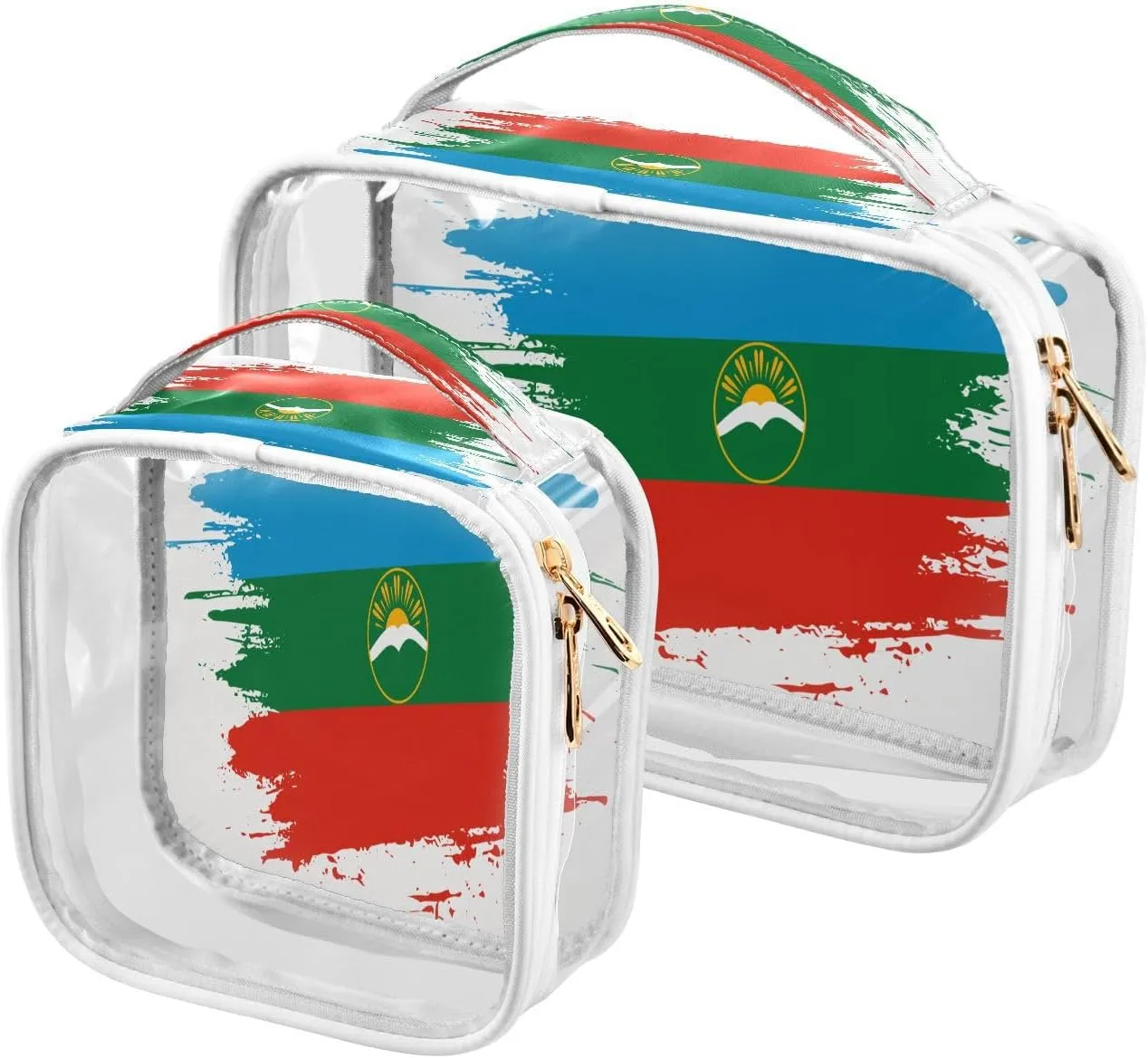 Large Clear Travel Toiletry Bag with Zippers, PVC Waterproof Travel Organizer, Karachay Cherkessia Flag Hand Drawn Plastic Tote Bags, 2 pcs