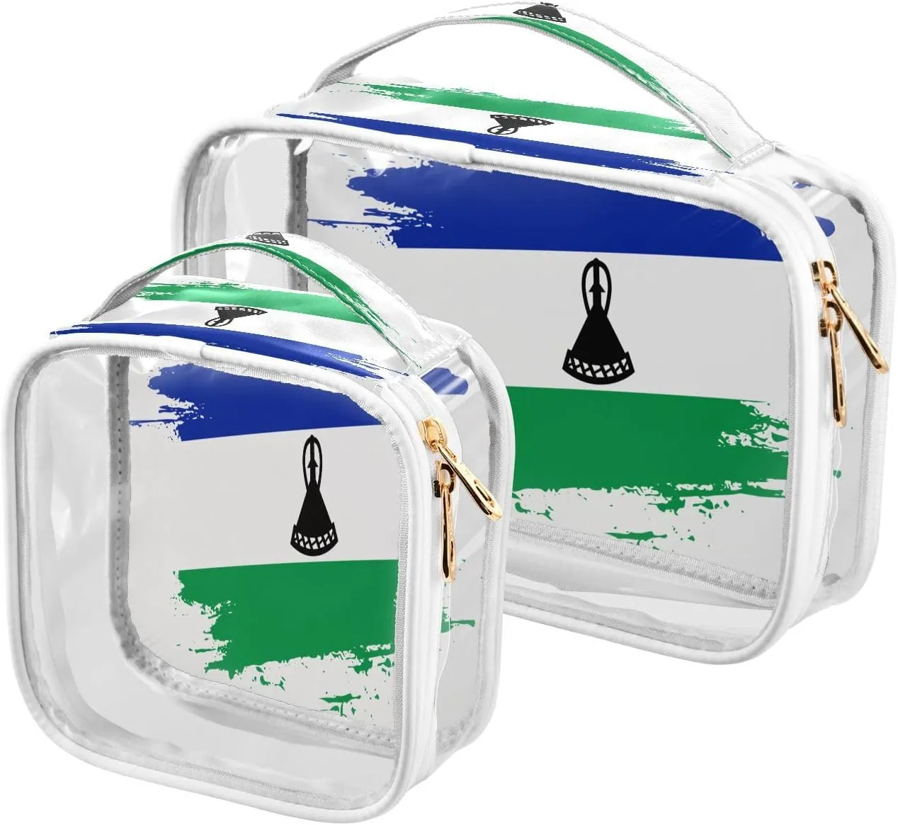 Large Clear Travel Toiletry Bag with Zippers, PVC Waterproof Travel Organizer, Lesotho Flag Hand Drawn Plastic Tote Bags, 2 pcs
