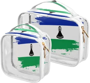 Large Clear Travel Toiletry Bag with Zippers, PVC Waterproof Travel Organizer, Lesotho Flag Hand Drawn Plastic Tote Bags, 2 pcs