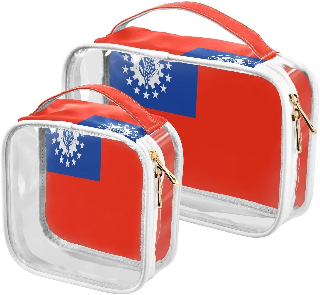 Large Clear Travel Toiletry Bag with Zippers, PVC Waterproof Travel Organizer, Myanmar Flag Plastic Tote Bags, 2 pcs