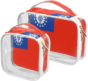 Large Clear Travel Toiletry Bag with Zippers, PVC Waterproof Travel Organizer, Myanmar Flag Plastic Tote Bags, 2 pcs