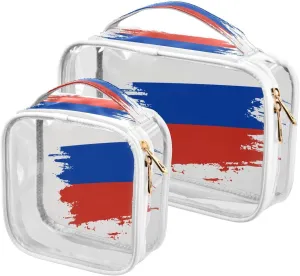 Large Clear Travel Toiletry Bag with Zippers, PVC Waterproof Travel Organizer, Russia Flag Hand Drawn Plastic Tote Bags, 2 pcs