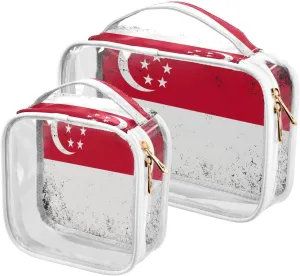 Large Clear Travel Toiletry Bag with Zippers, PVC Waterproof Travel Organizer, Singapore Flag Vintage Plastic Tote Bags, 2 pcs