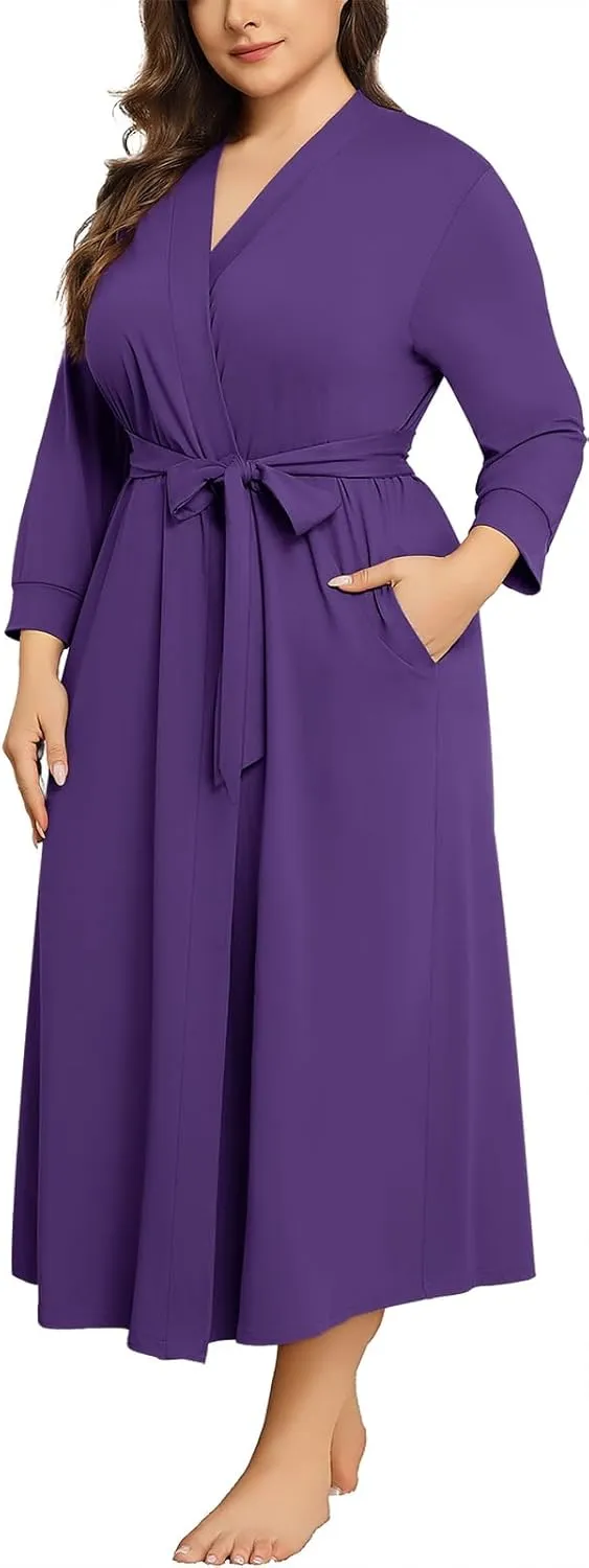 Lastshe Plus Size Women Robe Long Knit Kimono Lightweight Soft Robes Casual Sleepwear Bathrobe Loungewear