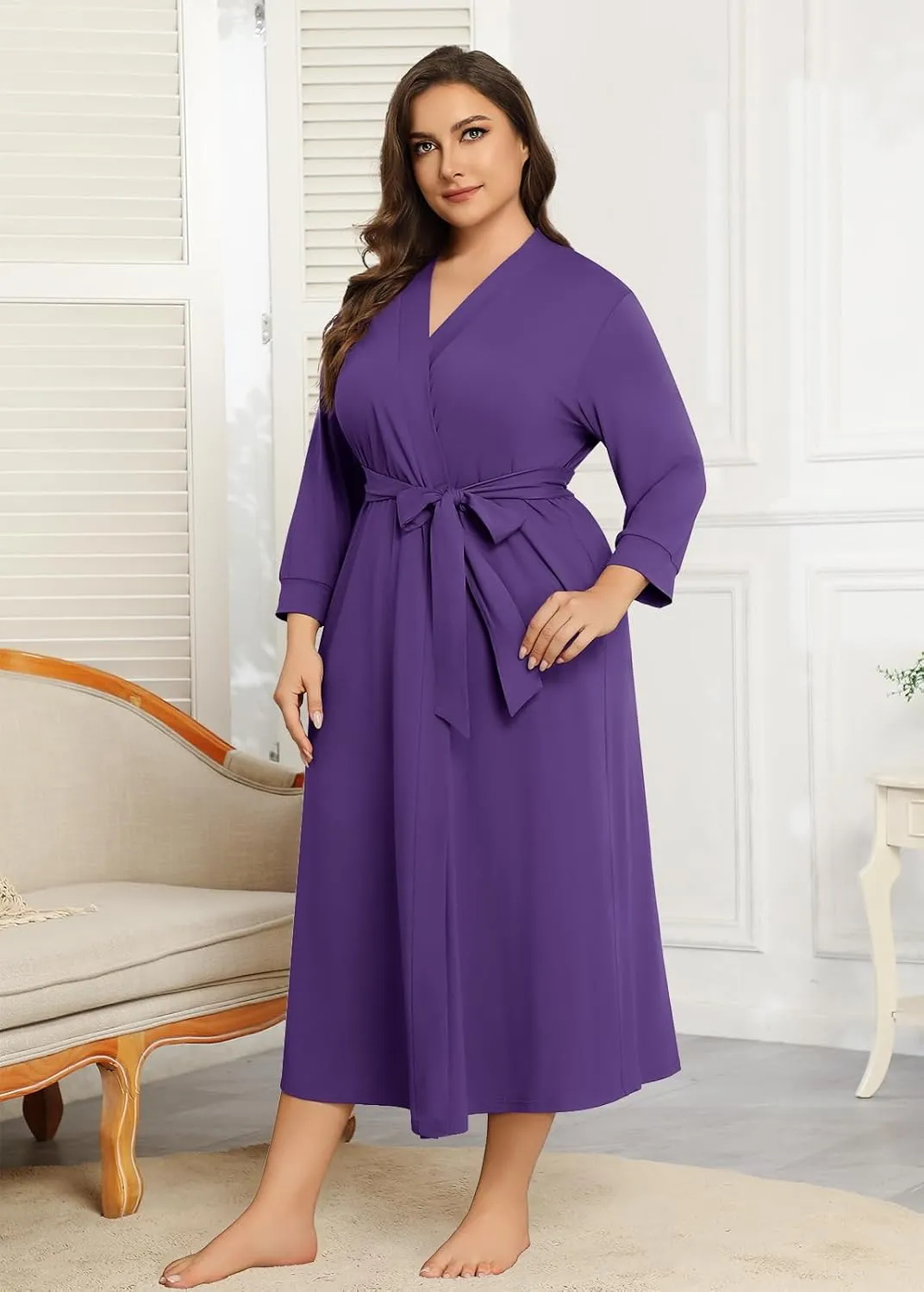 Lastshe Plus Size Women Robe Long Knit Kimono Lightweight Soft Robes Casual Sleepwear Bathrobe Loungewear