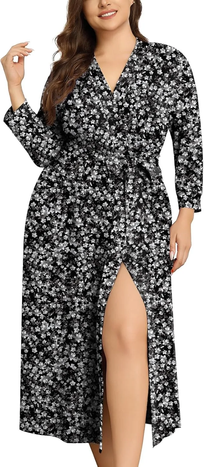 Lastshe Plus Size Women Robe Long Knit Kimono Lightweight Soft Robes Casual Sleepwear Bathrobe Loungewear