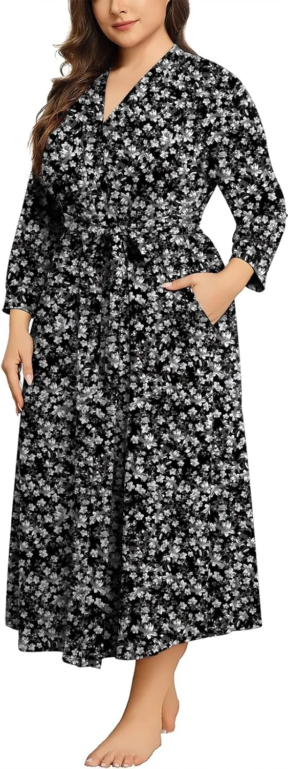 Lastshe Plus Size Women Robe Long Knit Kimono Lightweight Soft Robes Casual Sleepwear Bathrobe Loungewear