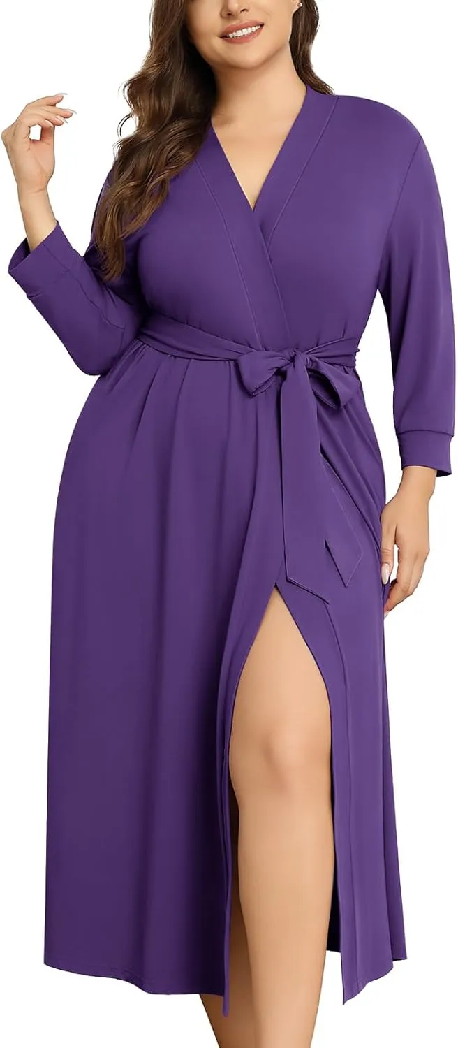 Lastshe Plus Size Women Robe Long Knit Kimono Lightweight Soft Robes Casual Sleepwear Bathrobe Loungewear