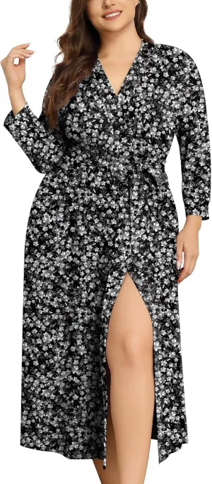 Lastshe Plus Size Women Robe Long Knit Kimono Lightweight Soft Robes Casual Sleepwear Bathrobe Loungewear