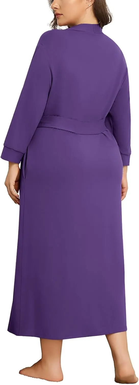 Lastshe Plus Size Women Robe Long Knit Kimono Lightweight Soft Robes Casual Sleepwear Bathrobe Loungewear