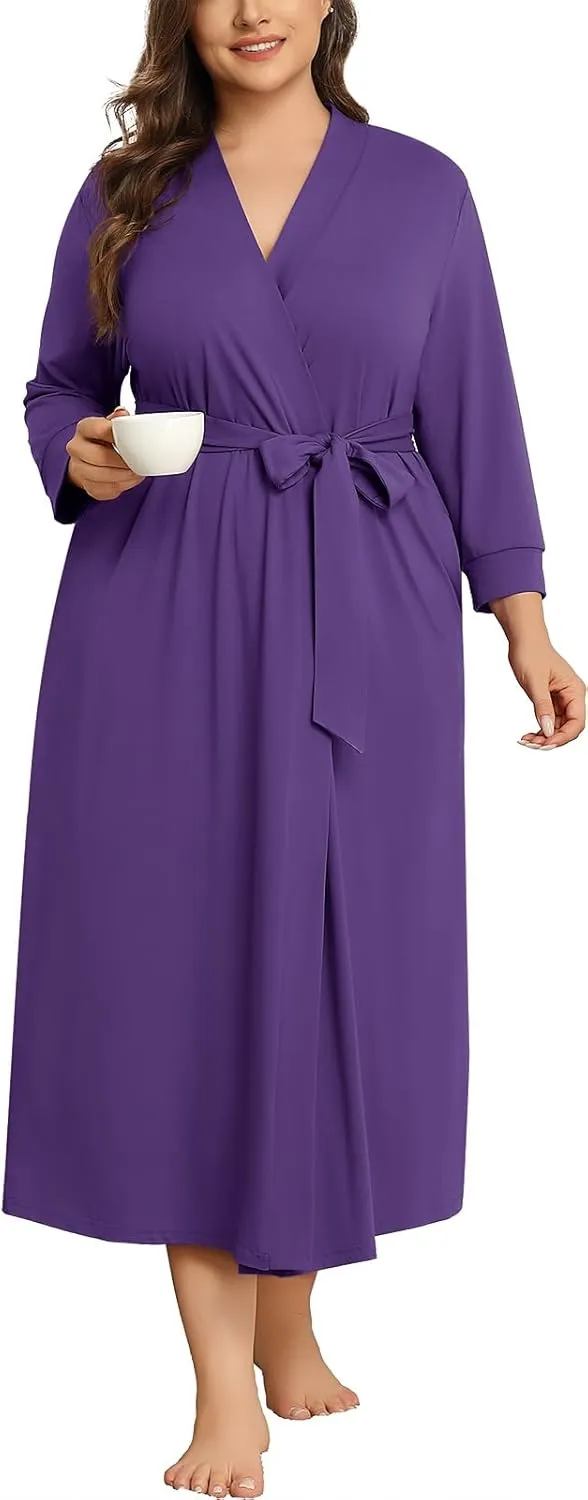 Lastshe Plus Size Women Robe Long Knit Kimono Lightweight Soft Robes Casual Sleepwear Bathrobe Loungewear