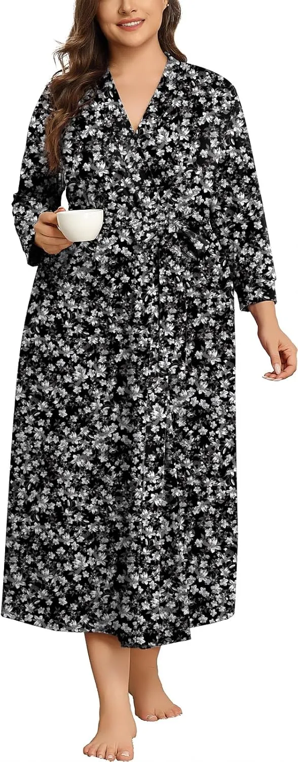 Lastshe Plus Size Women Robe Long Knit Kimono Lightweight Soft Robes Casual Sleepwear Bathrobe Loungewear