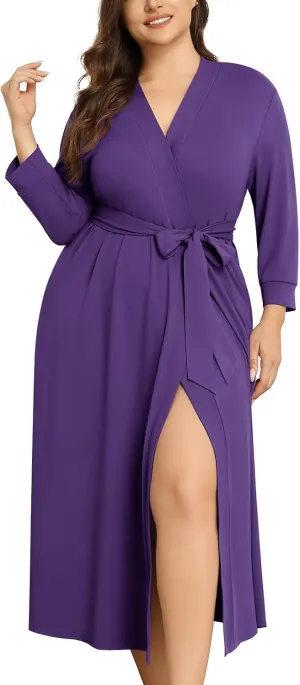 Lastshe Plus Size Women Robe Long Knit Kimono Lightweight Soft Robes Casual Sleepwear Bathrobe Loungewear