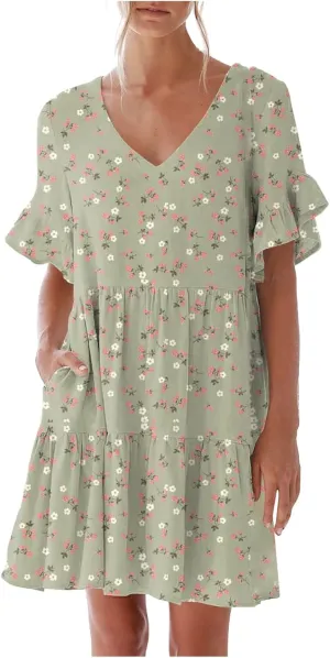 LFEOOST Summer Dresses for Women Loose Casual Ruffles Short Sleeve V Neck Floral Print Smocked Mini Dress with Pocket