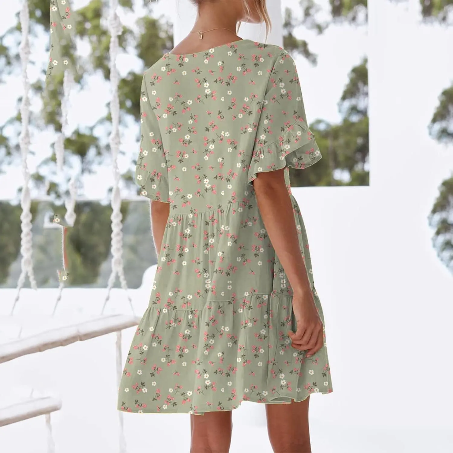 LFEOOST Summer Dresses for Women Loose Casual Ruffles Short Sleeve V Neck Floral Print Smocked Mini Dress with Pocket