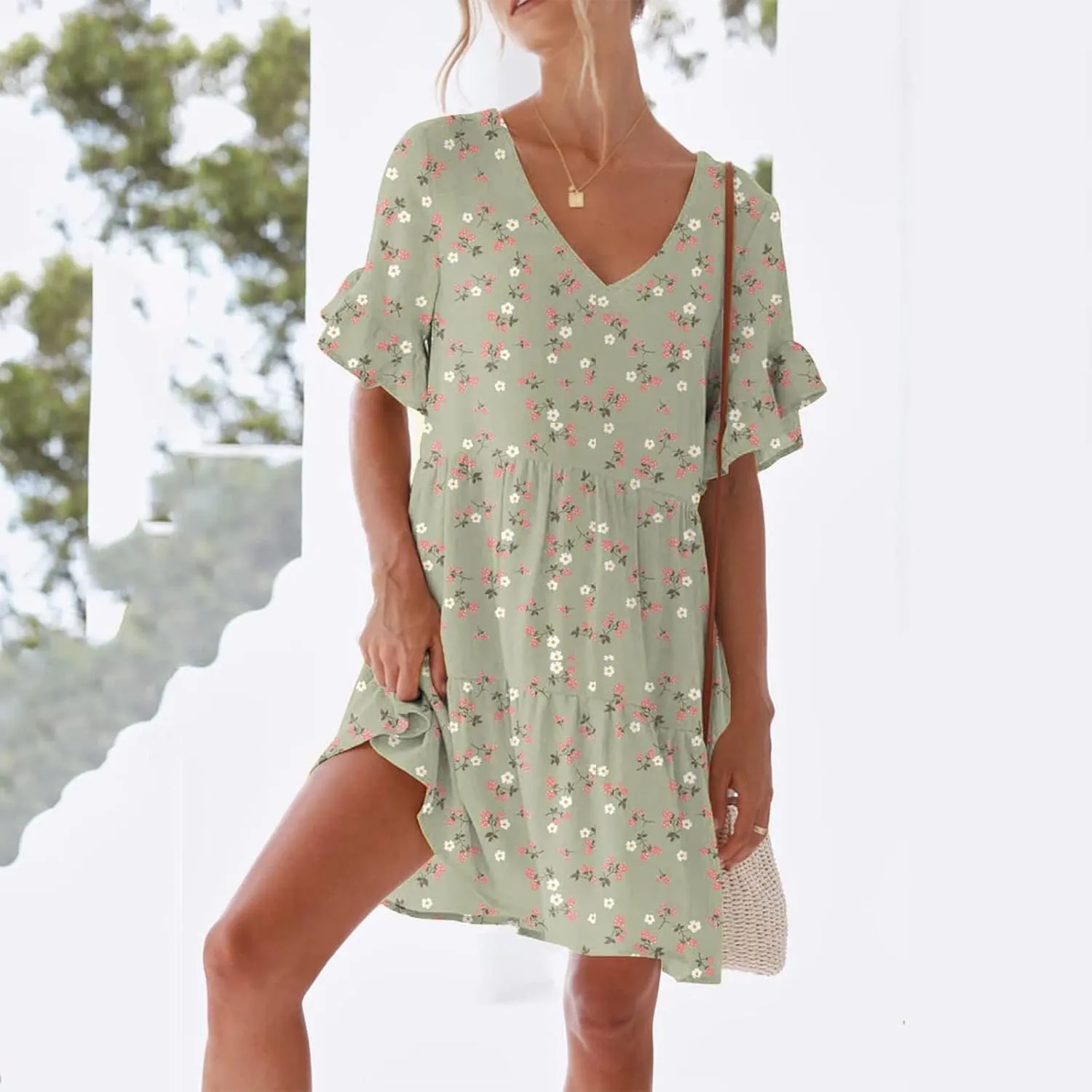 LFEOOST Summer Dresses for Women Loose Casual Ruffles Short Sleeve V Neck Floral Print Smocked Mini Dress with Pocket