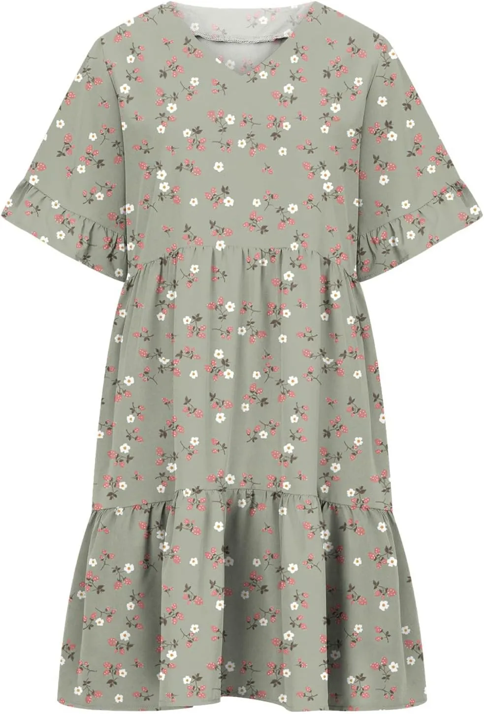 LFEOOST Summer Dresses for Women Loose Casual Ruffles Short Sleeve V Neck Floral Print Smocked Mini Dress with Pocket