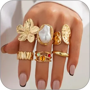 Liquid Lava Chunky Stackable Finger Rings Set Stone Baroque Pearl Knuckle Open Rings Vintage Flower Joint Midi Ring Gold Silver Jewelry for Women Gift
