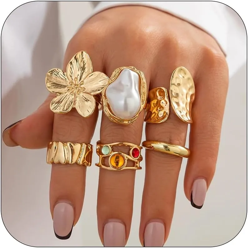 Liquid Lava Chunky Stackable Finger Rings Set Stone Baroque Pearl Knuckle Open Rings Vintage Flower Joint Midi Ring Gold Silver Jewelry for Women Gift