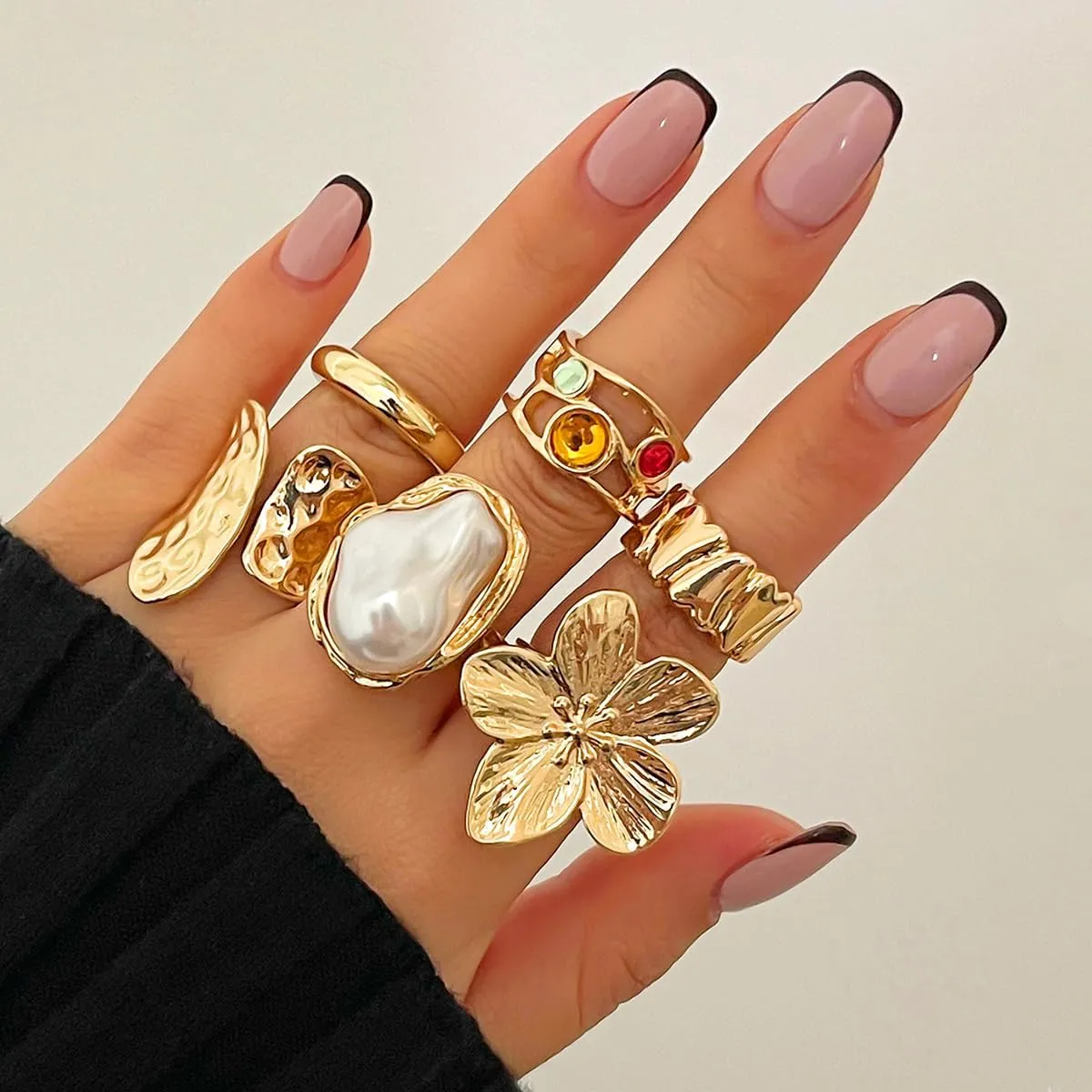 Liquid Lava Chunky Stackable Finger Rings Set Stone Baroque Pearl Knuckle Open Rings Vintage Flower Joint Midi Ring Gold Silver Jewelry for Women Gift