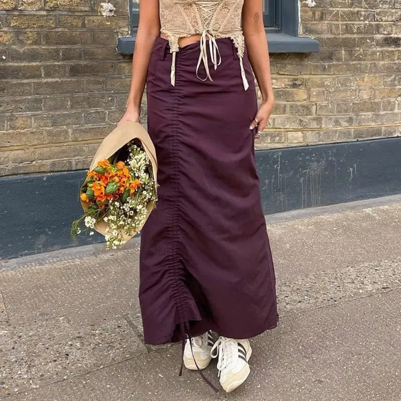 Long Cargo Skirts for Women with Pockets Low Rise Drawstring Shirred Baggy Skirt E Girls Vintage Harajuku Streetwear