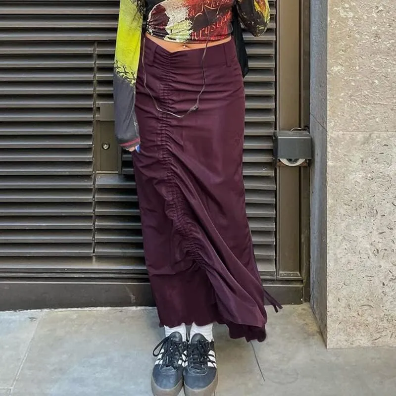 Long Cargo Skirts for Women with Pockets Low Rise Drawstring Shirred Baggy Skirt E Girls Vintage Harajuku Streetwear