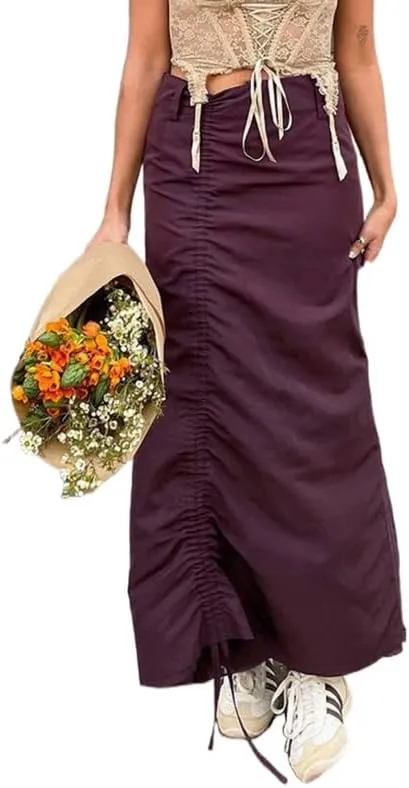 Long Cargo Skirts for Women with Pockets Low Rise Drawstring Shirred Baggy Skirt E Girls Vintage Harajuku Streetwear