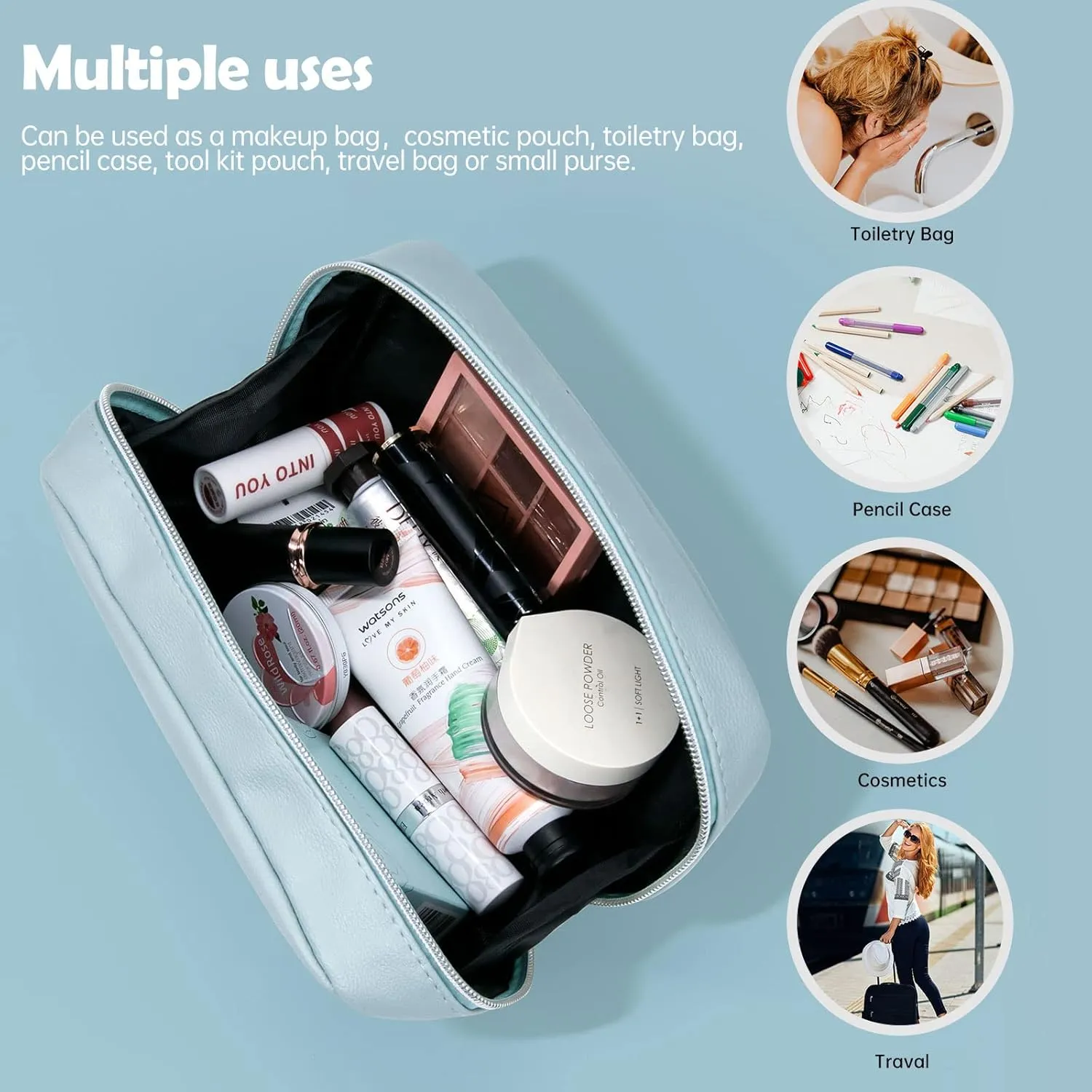 Long Keeper Cosmetic Bags for Women - Water Resistant Make Up Pouch Travel Zipper Toiletry Bag Makeup Organizer (Blue)