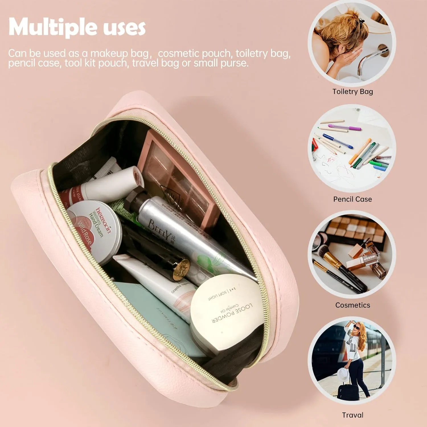Long Keeper Cosmetic Bags for Women - Water Resistant Make Up Pouch Travel Zipper Toiletry Bag Makeup Organizer (Pink)