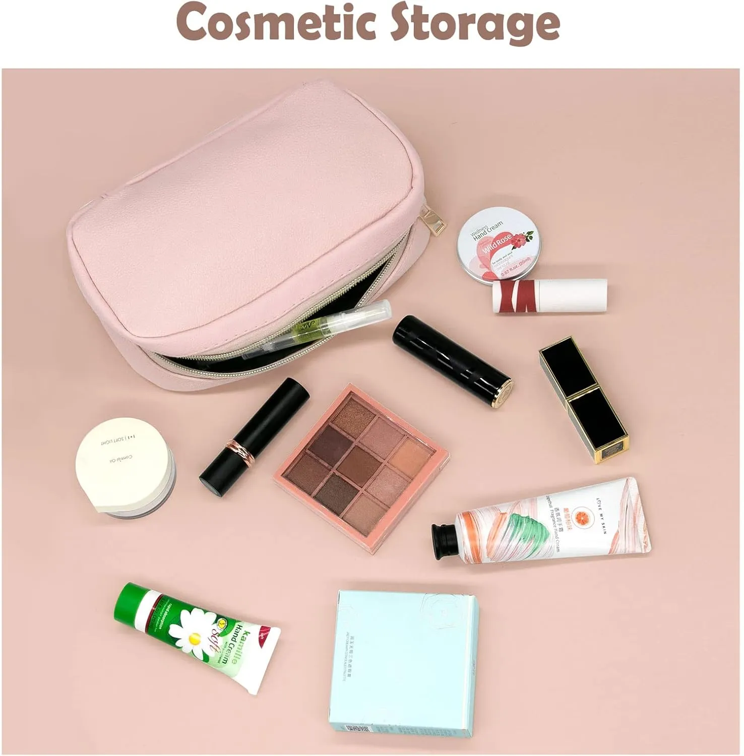 Long Keeper Cosmetic Bags for Women - Water Resistant Make Up Pouch Travel Zipper Toiletry Bag Makeup Organizer (Pink)