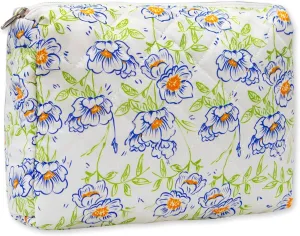 Long Keeper Large Makeup Bag Floral Aesthetic Cosmetic Bag Women Cotton Travel Make Up Bag Cute Flower Toiletry Organizer Bag (Blue Green Flower)