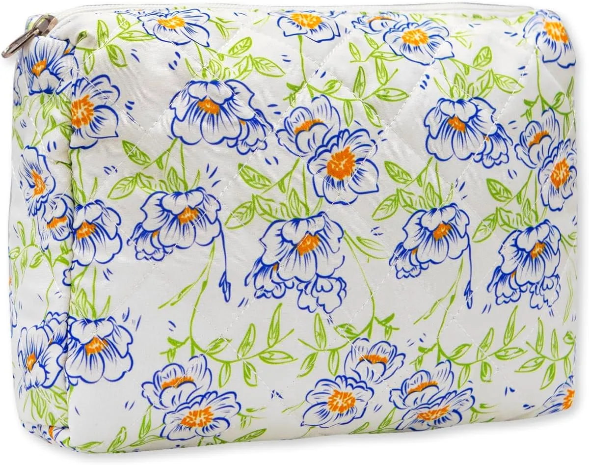 Long Keeper Large Makeup Bag Floral Aesthetic Cosmetic Bag Women Cotton Travel Make Up Bag Cute Flower Toiletry Organizer Bag (Blue Green Flower)