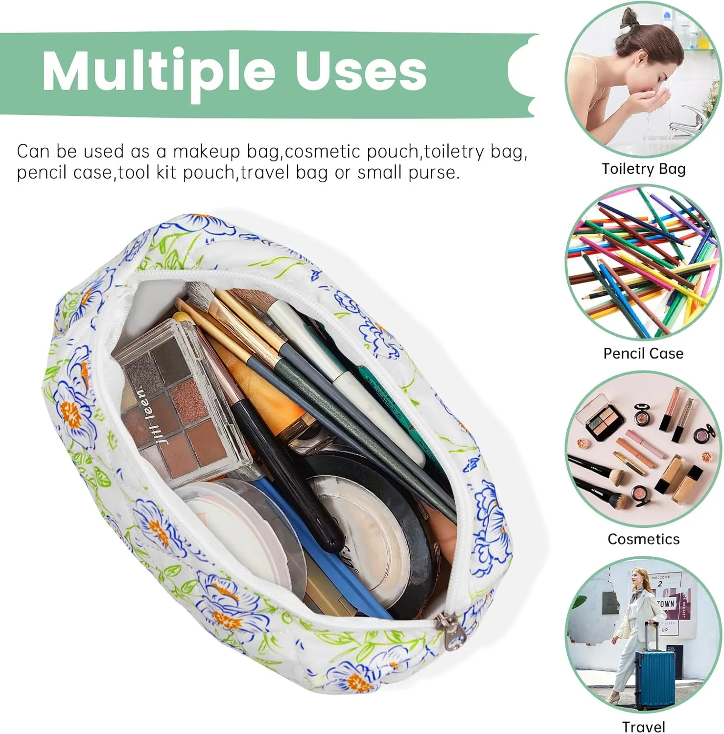 Long Keeper Large Makeup Bag Floral Aesthetic Cosmetic Bag Women Cotton Travel Make Up Bag Cute Flower Toiletry Organizer Bag (Blue Green Flower)