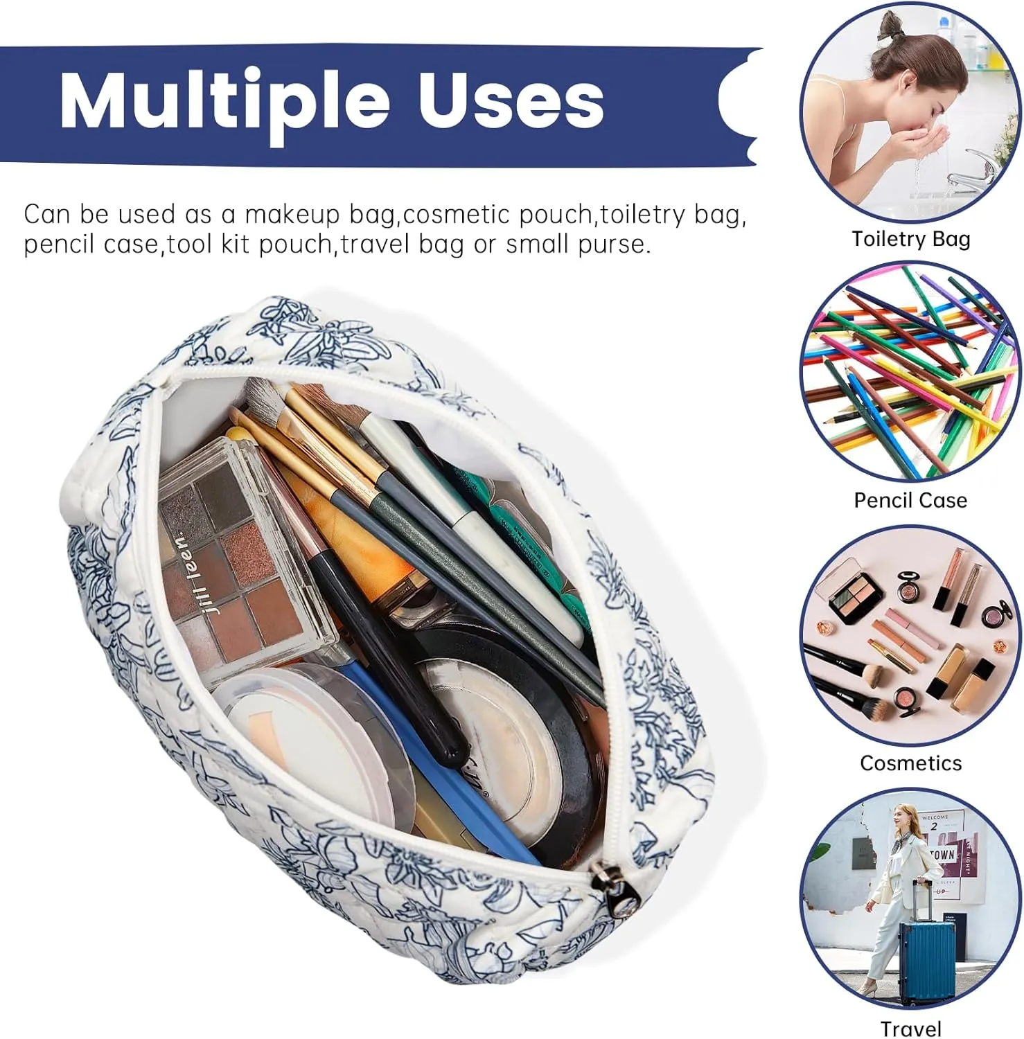 Long Keeper Large Makeup Bag Floral Aesthetic Cosmetic Bag Women Cotton Travel Make Up Bag Cute Flower Toiletry Organizer Bag (Navy Flower)